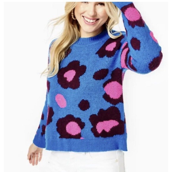 NEW! Lilly Pulitzer Ferrara Sweater Growl and Prowl Jacquard Blue Pink‎ SZ XXS - Picture 1 of 8